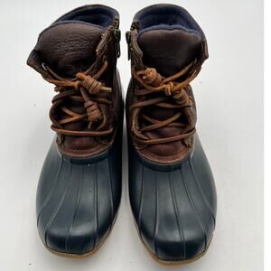 Sperry Saltwater Duck Boots Womens Size 7 Brown Leather Navy Rubber STS91175